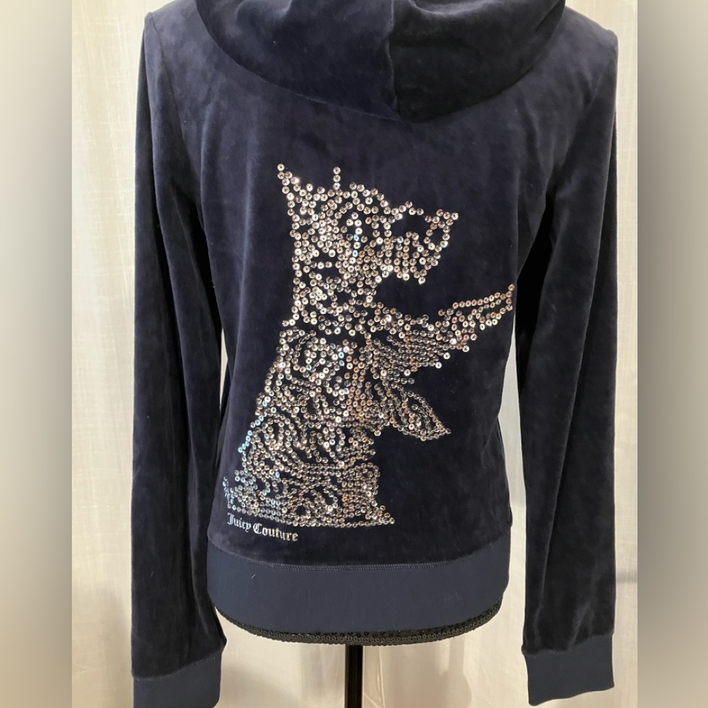 Juicy Couture Dark Blue Sequin scotty dog velour zip up hoodie jacket size Lg